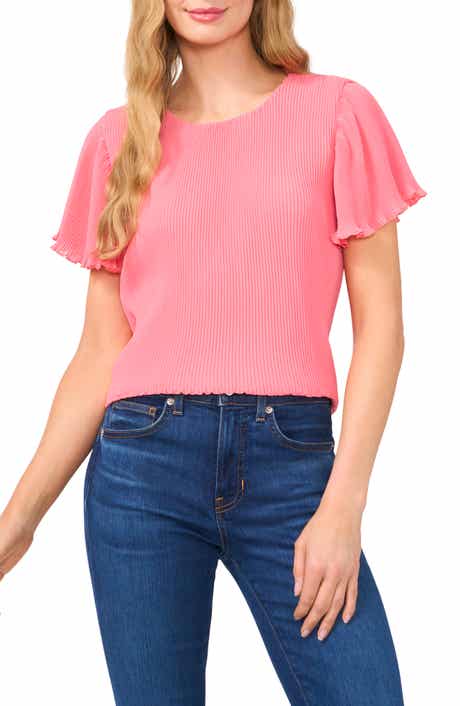 CeCe Flutter Sleeve Plissé Top