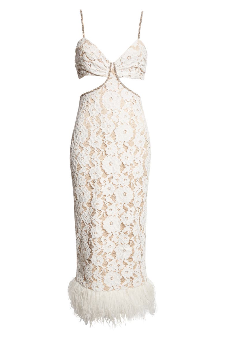 Sarah Cutout Lace Feather Trim Maxi Dress, Alternate, color, WHITE