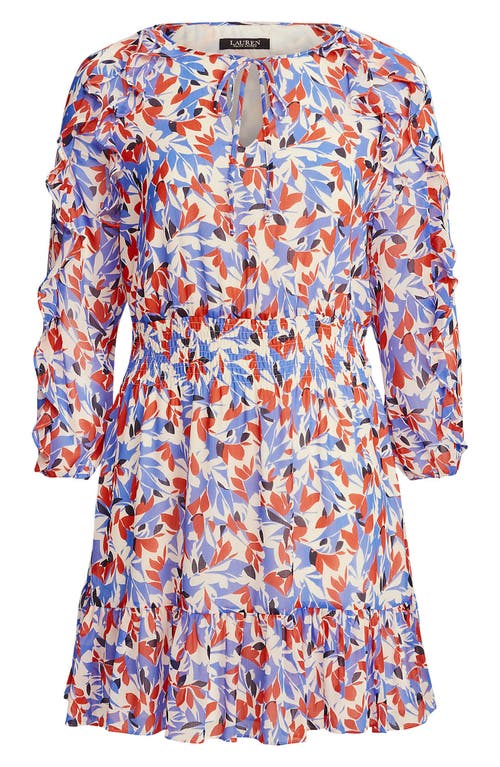 Ralph Lauren Ruffle Long Sleeve Crinkled Georgette Dress In Blue/orange Multi