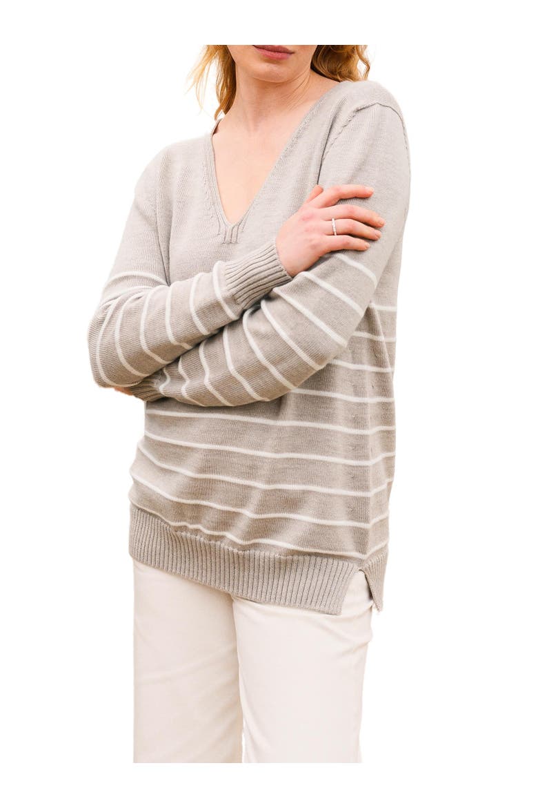 Merino V-Neck Sweater, Alternate, color, OATMEAL ECRU STRIPE