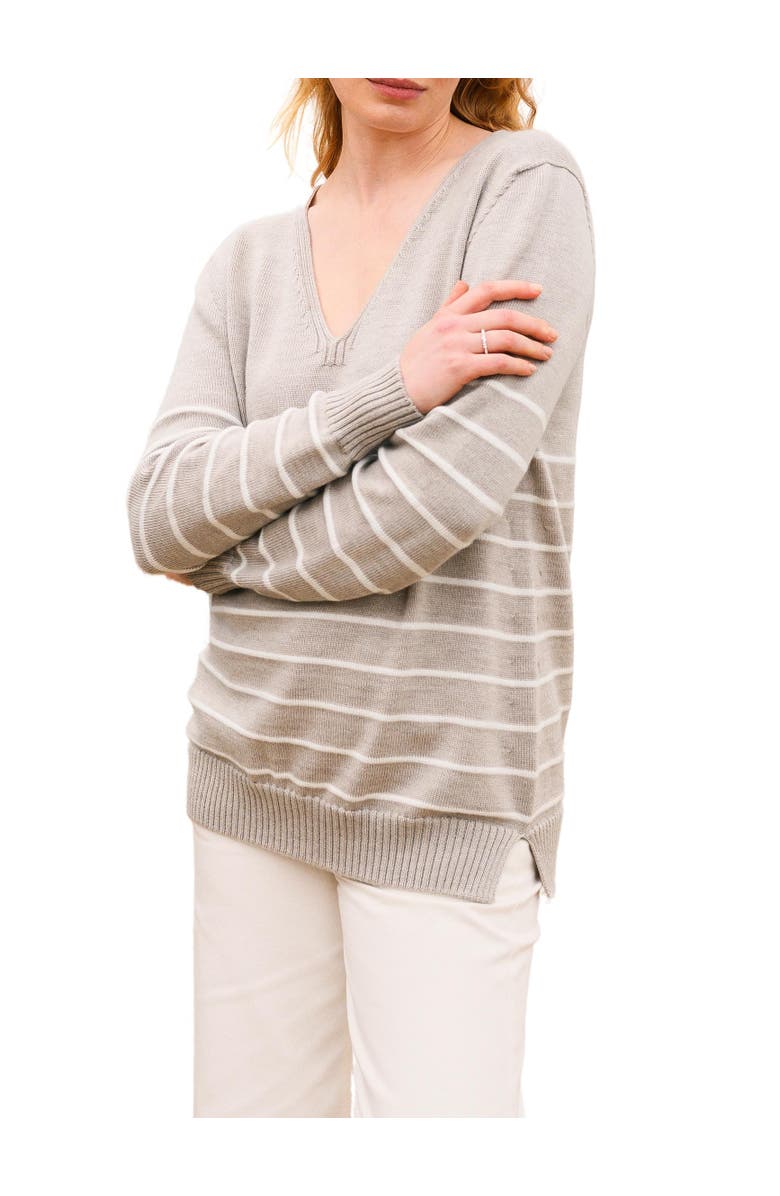 Celtic & Co. Merino V-Neck Sweater, Alternate, color, Oatmeal Ecru Stripe