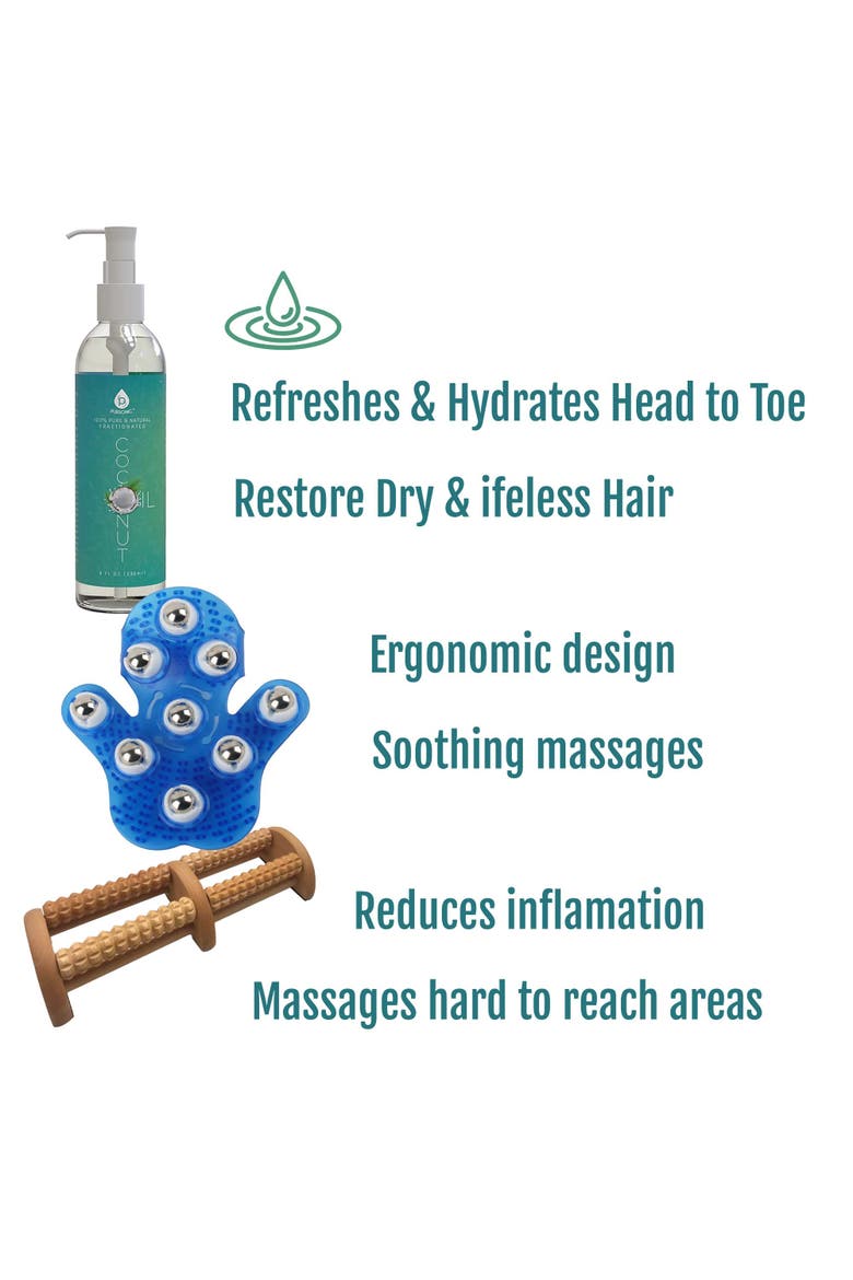 Palm Massage Glove, Wood Foot Massager, & Coconut Oil, Alternate, color, Multicolor