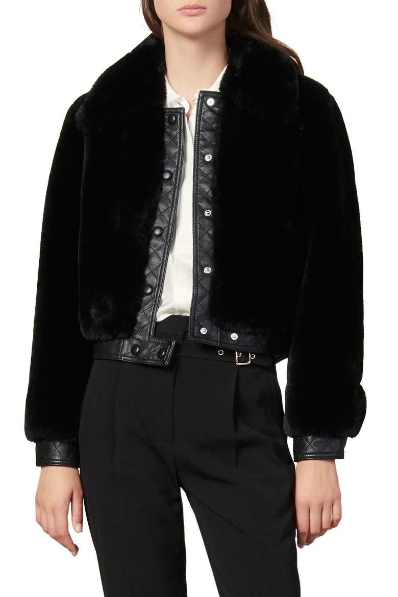 Fauny Faux Fur Leather Detail Bomber Jacket, Main, color, BLACK