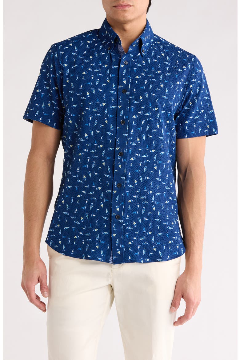 Sailboat Seersucker Button-Down Shirt, Main, color, NAVY/ YELLOW