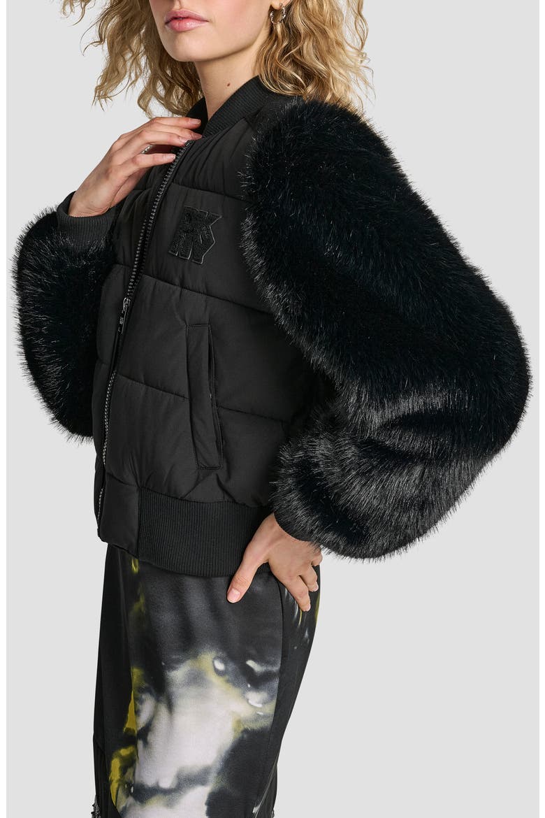 Crop Faux Fur Sleeve Bomber Jacket, Alternate, color, BLACK