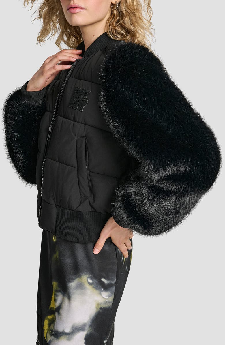DKNY Crop Faux Fur Sleeve Bomber Jacket, Alternate, color, Black