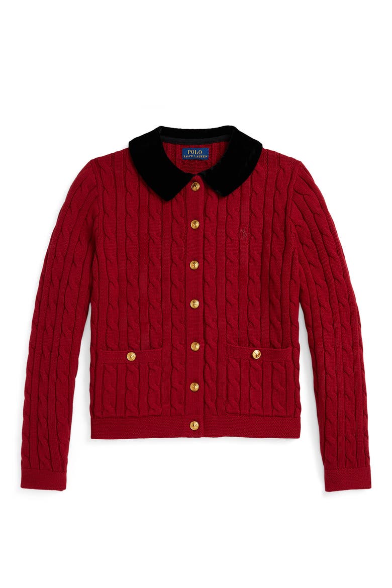 Kids' Velvet Trim Cotton Cable Knit Cardigan, Main, color, RED