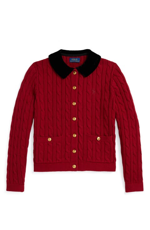 Kids' Velvet Trim Cotton Cable Knit Cardigan