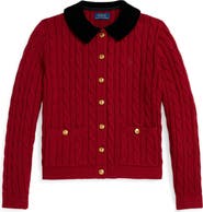 Polo Ralph Lauren Kids' Velvet Trim Cotton Cable Knit Cardigan