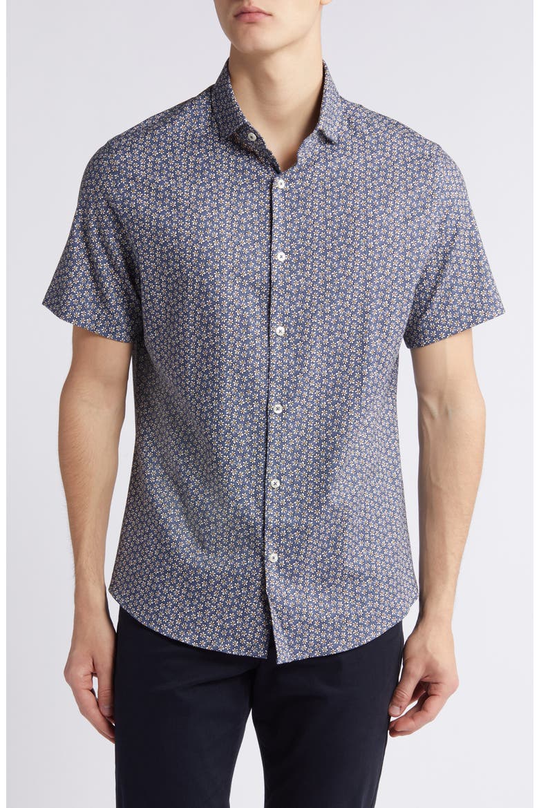 Floral Short Sleeve Stretch Cotton Blend Button-Up Shirt, Main, color, NAVY