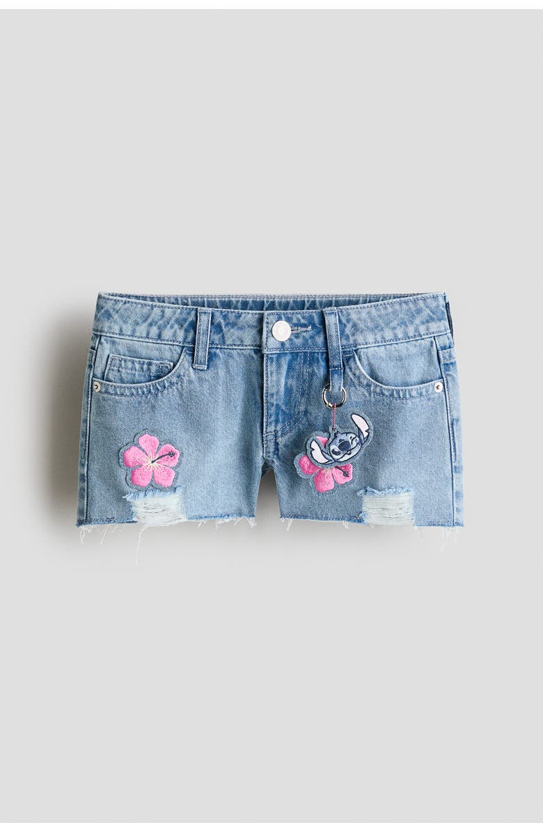 H&M Appliquéd Denim Shorts, Main, color, Light Denim Blue/Lilo & Stitch
