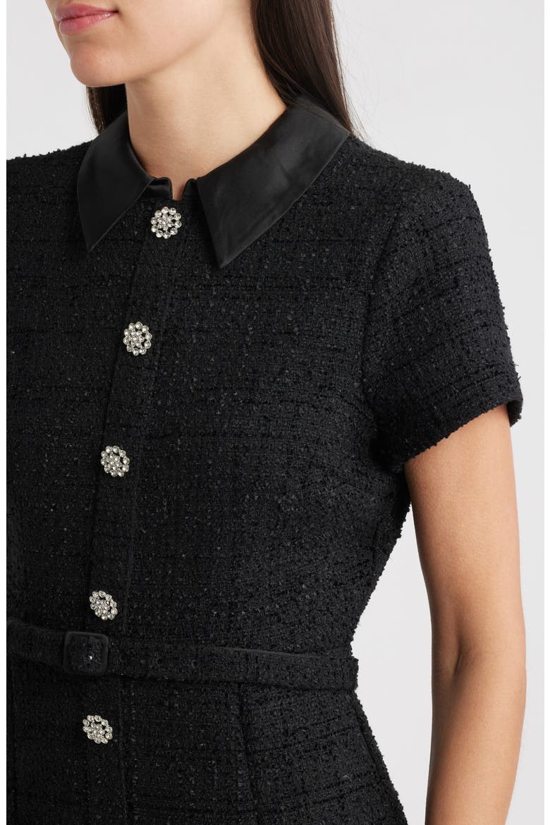 Bardot Crystal Floral Button Tweed Cocktail Midi Dress, Alternate, color, BLACK