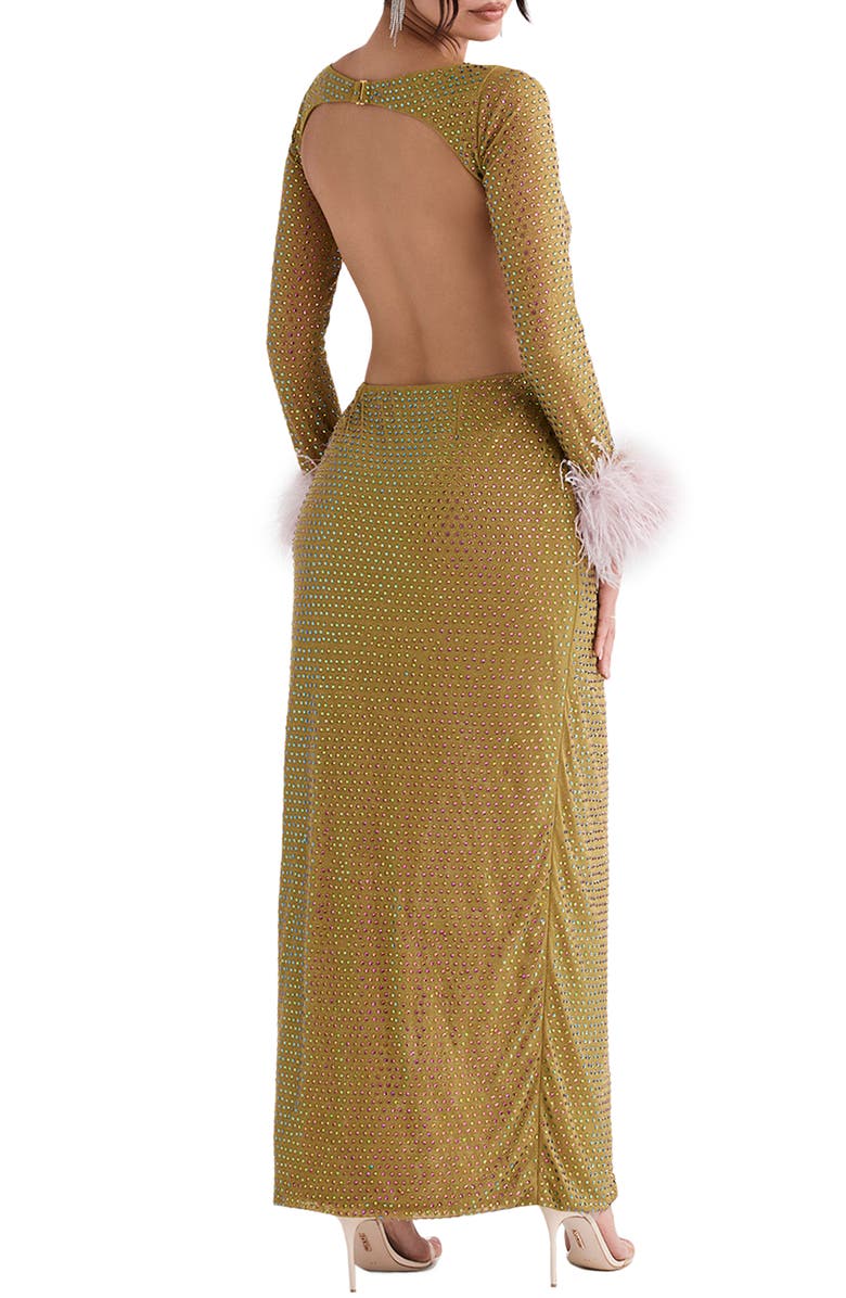 HOUSE OF CB Gina Rhinestone Feather Trim Long Sleeve Cutout Cocktail Dress, Alternate, color, 