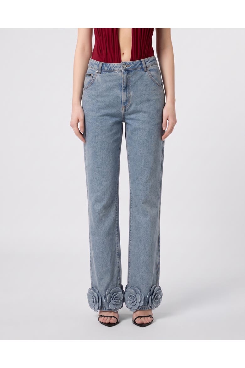 Straight Cut Jeans Roses Strass Women, Main, color, Lyra Light