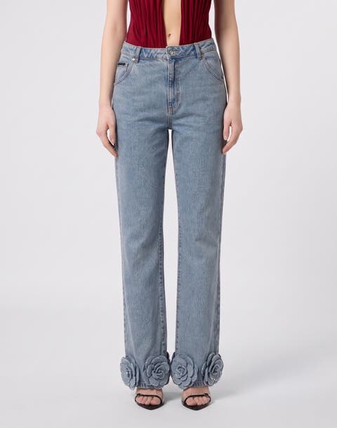 Straight Cut Jeans Roses Strass Women
