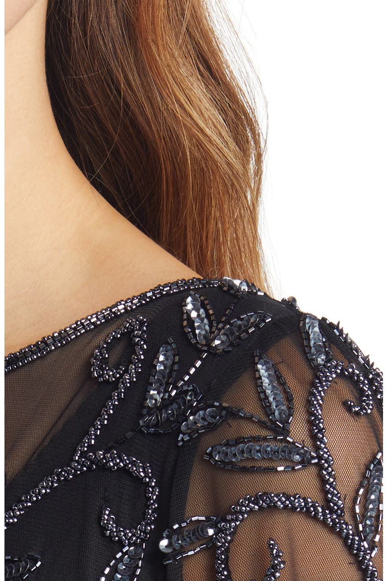 Floral Beaded Short Sleeve A-Line Gown, Alternate, color, BLACK/ GUNMETAL