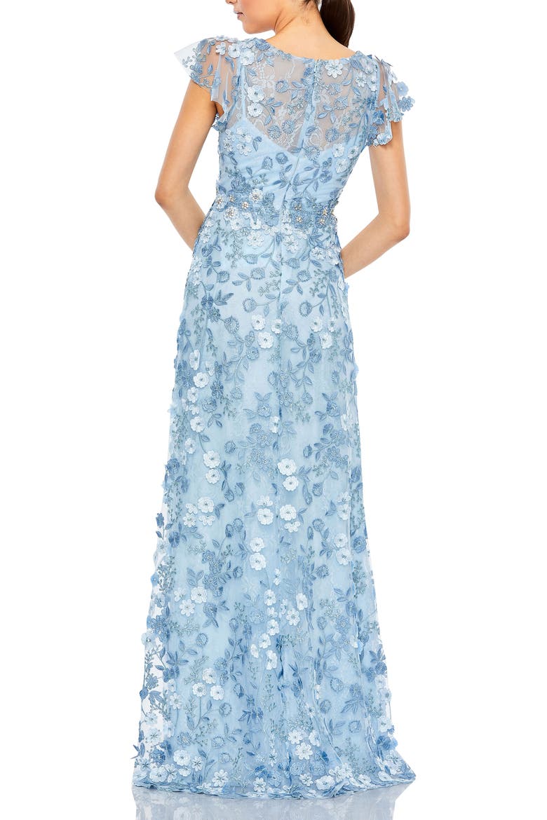 Embroidered Applique Wrap Over Flutter Sleeve Gown, Alternate, color, Blue