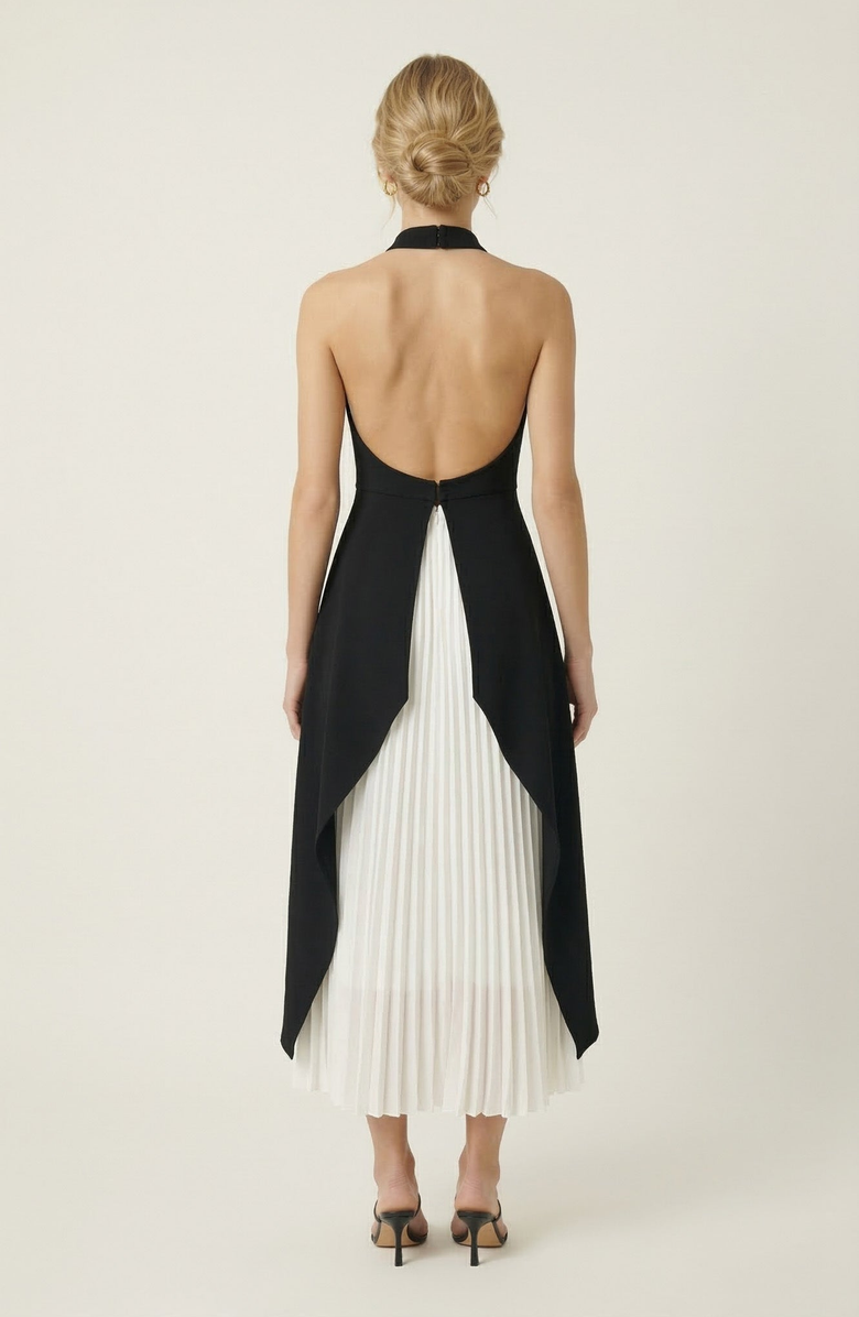 Modenaire Halter Neck Asymmetric Layered Dress, Alternate, color, Black / White