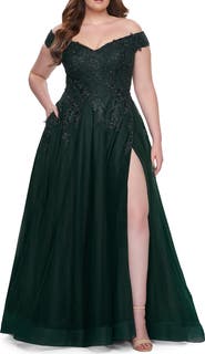 La Femme Off The Shoulder Tulle Plus Size Gown with Lace