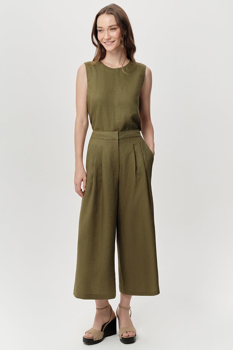 Owen Pocket Zipper Culotte Linen Pants, Alternate, color, Khaki