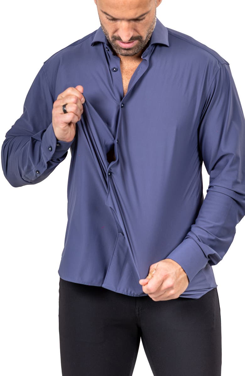 Maceoo Eins Shaped Fit Marthy3011 Blue Knit Button-Up Shirt, Alternate, color, 