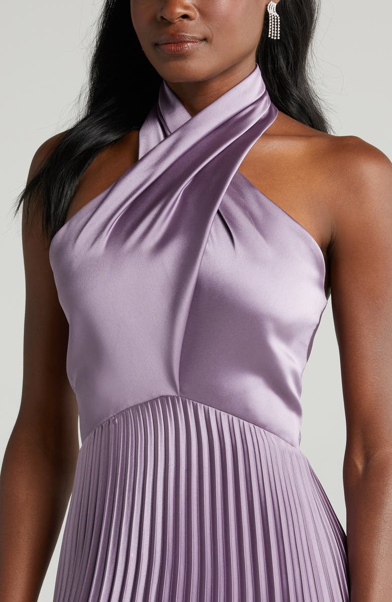 Amsale Pleat Halter Satin Gown, Alternate, color,