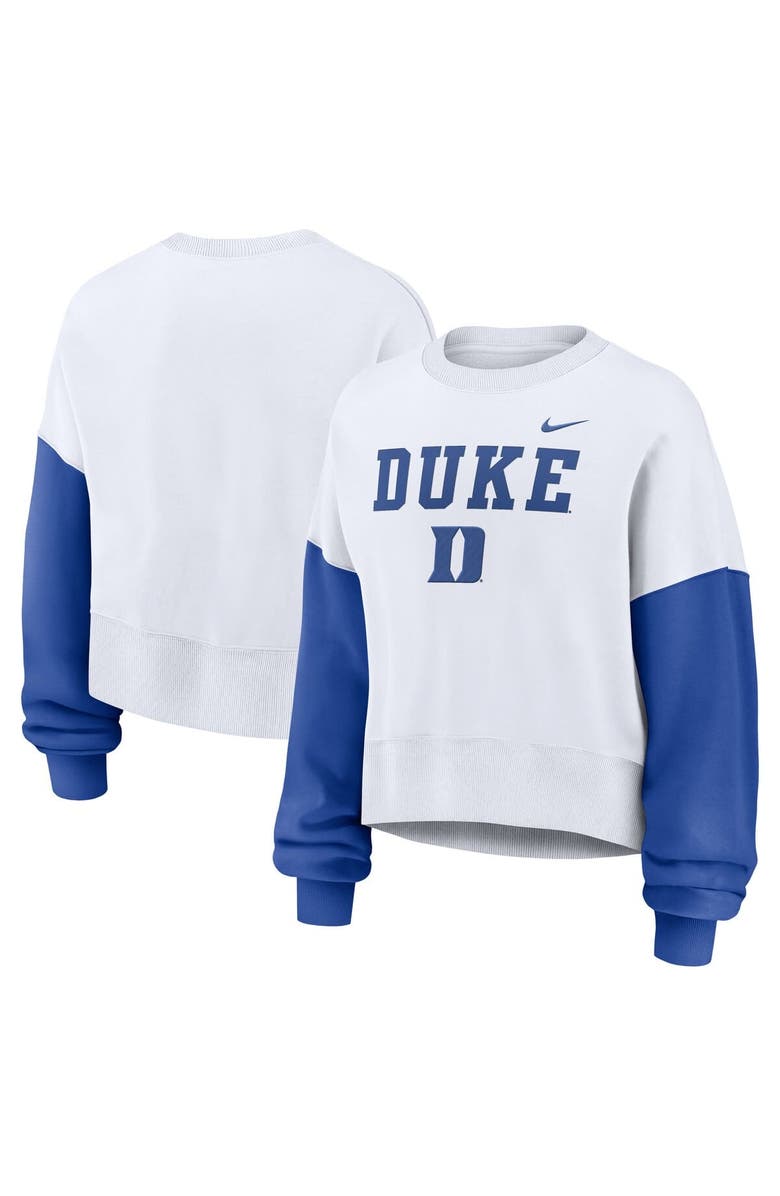 Nike Women's Nike White Duke Blue Devils Color-Block Oversized Cropped Pullover Sweatshirt, Alternate, color,