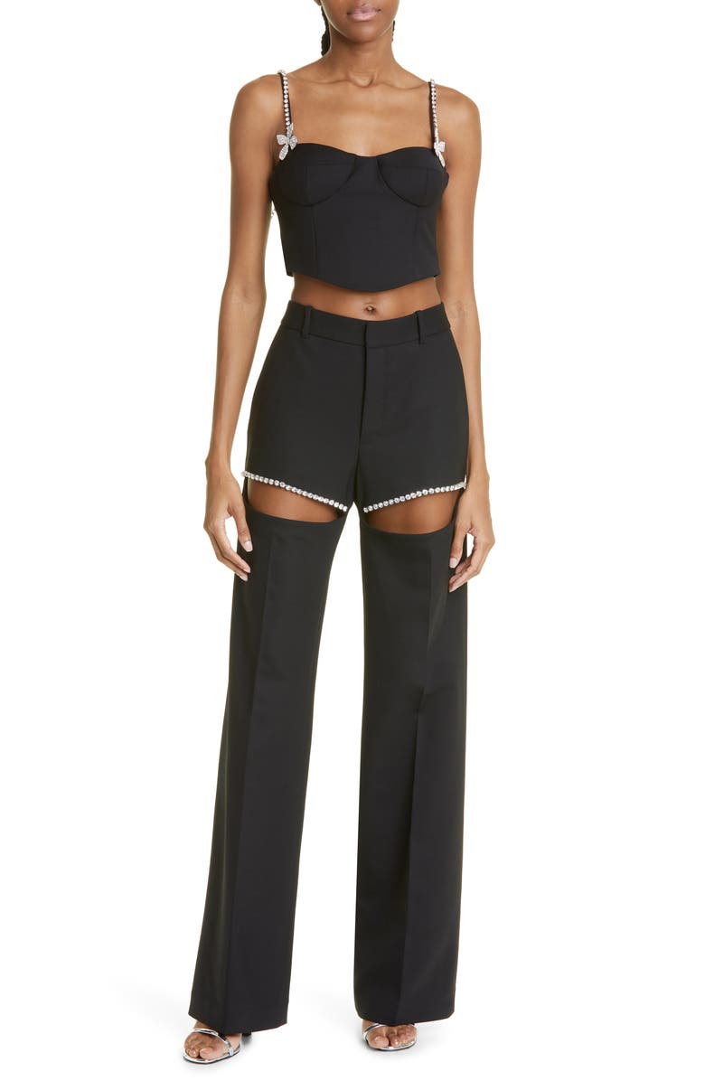 Area Crystal Slit Crepe Wide Leg Pants, Alternate, color, 