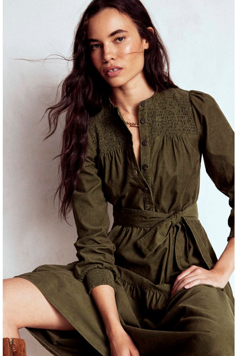 Cecily Belted Long Sleeve Cotton Corduroy Midi Dress, Alternate, color, WOODLAND GREEN