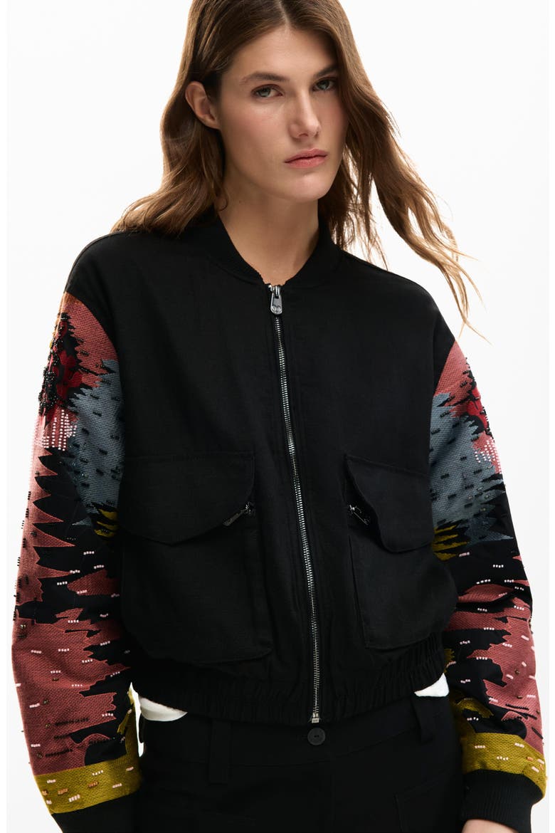 Bead Detail Mixed Media Bomber Jacket, Alternate, color, BLACK