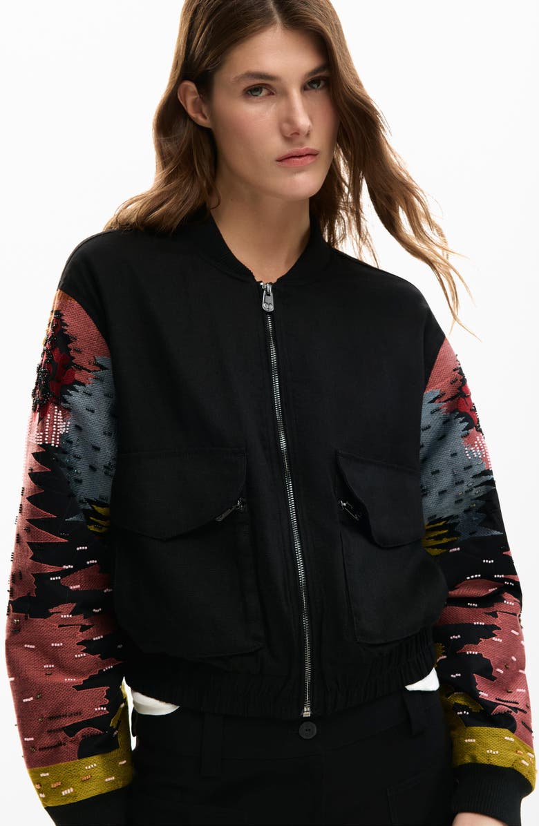 Desigual Bead Detail Mixed Media Bomber Jacket, Alternate, color, 