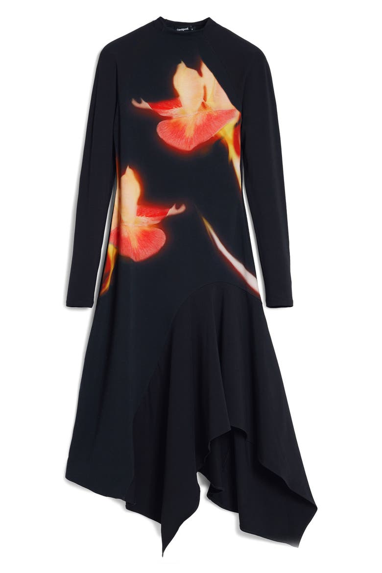 Asymmetric Long Sleeve Stretch Cotton Dress, Alternate, color, BLACK