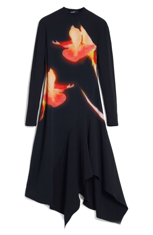 Desigual Asymmetric Long Sleeve Stretch Cotton Dress In Black