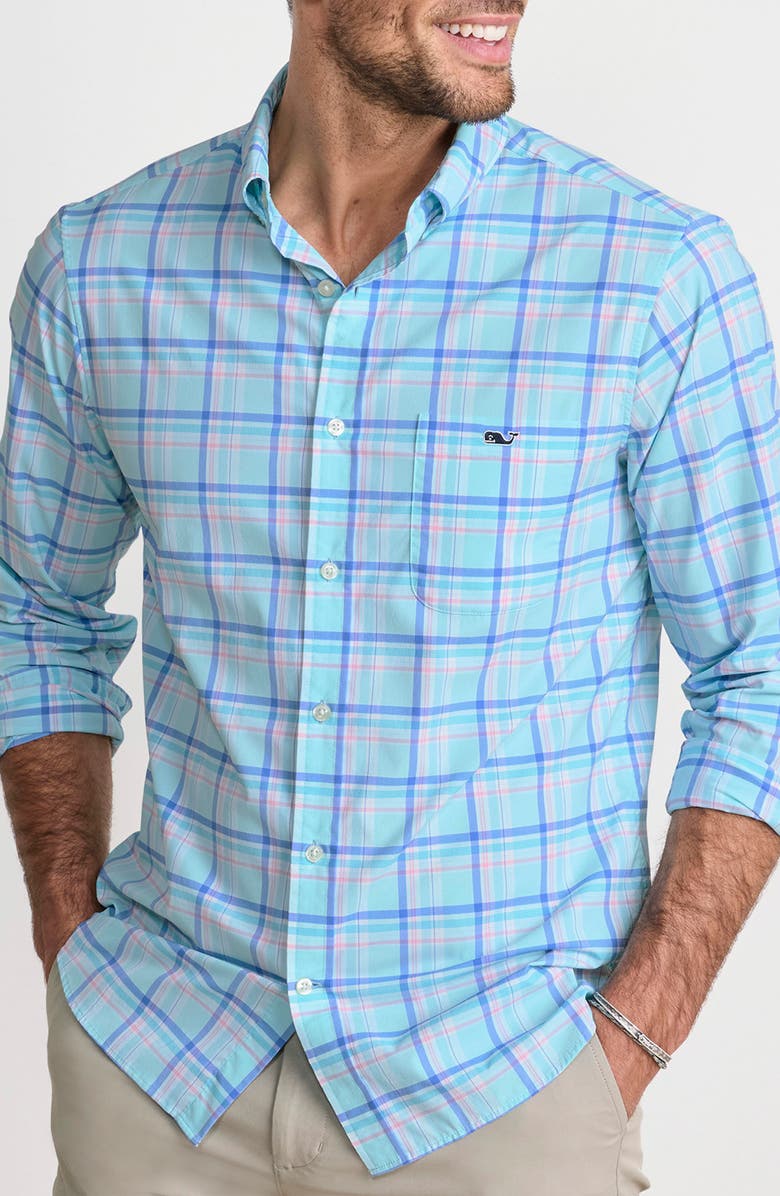 vineyard vines Coconut Key Plaid UPF 30+ Button Front Shirt, Main, color, Sea Splash