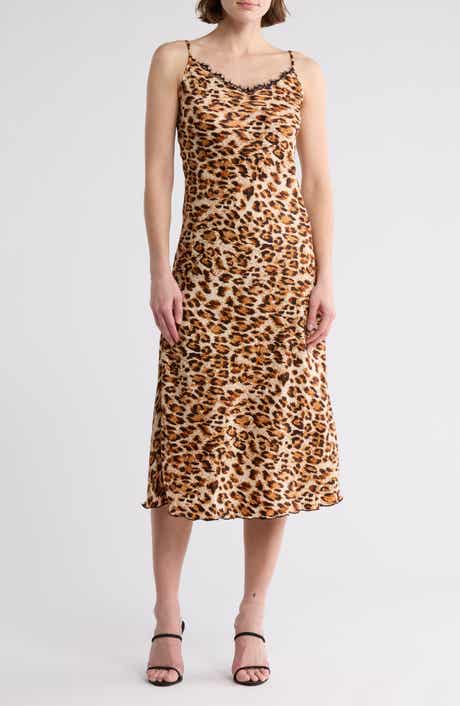 bebe Animal Print Lace Trim Slipdress
