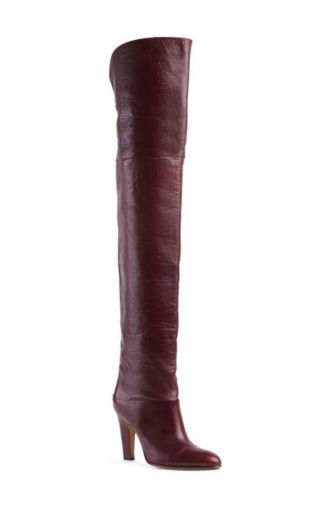 Purple leather knee high boots best sale