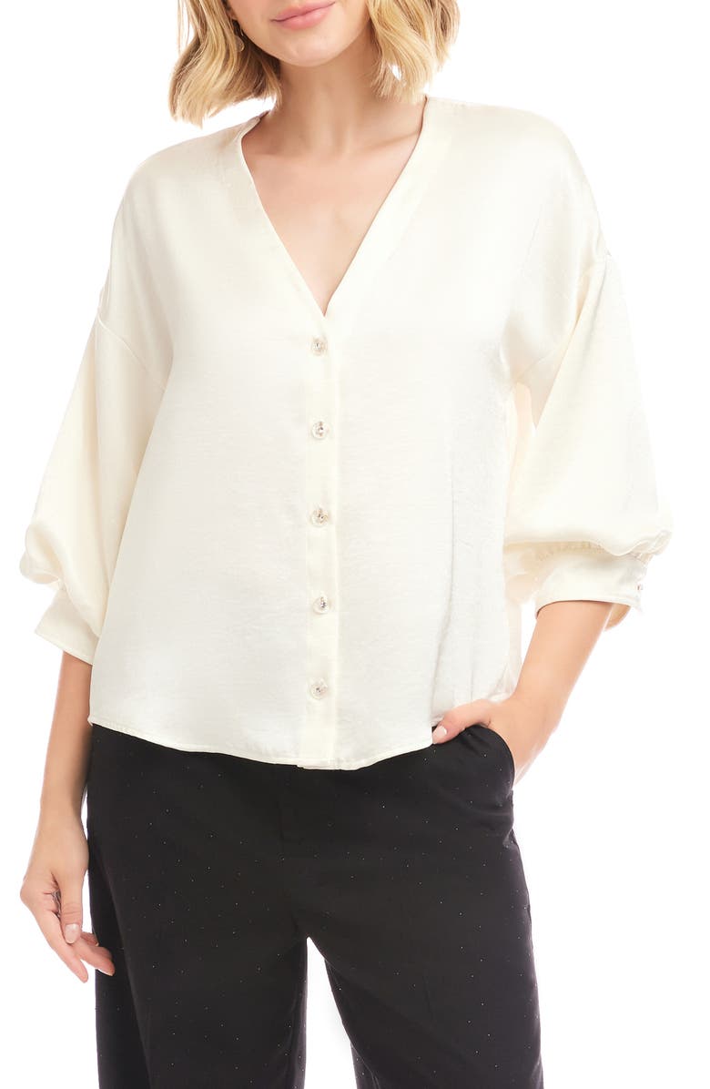 Karen Kane Satin Lantern Sleeve Button-Up Shirt, Main, color, Cream