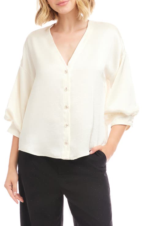 Satin Lantern Sleeve Button-Up Shirt (Regular & Petite)