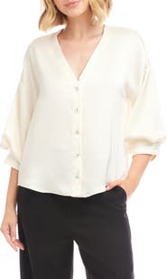 Karen Kane Satin Lantern Sleeve Button-Up Shirt