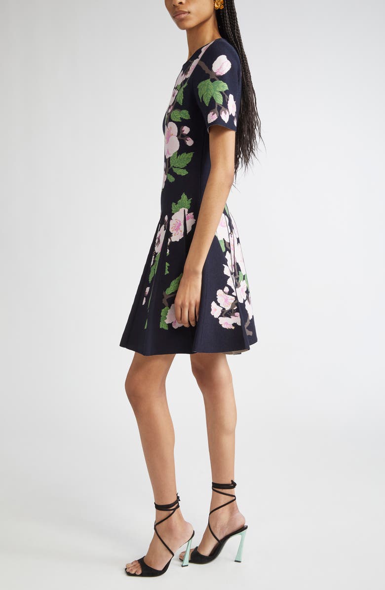 Oscar de la Renta Cherry Blossom Pleated Jacquard Knit Fit & Flare Dress, Alternate, color, Navy/ Pink