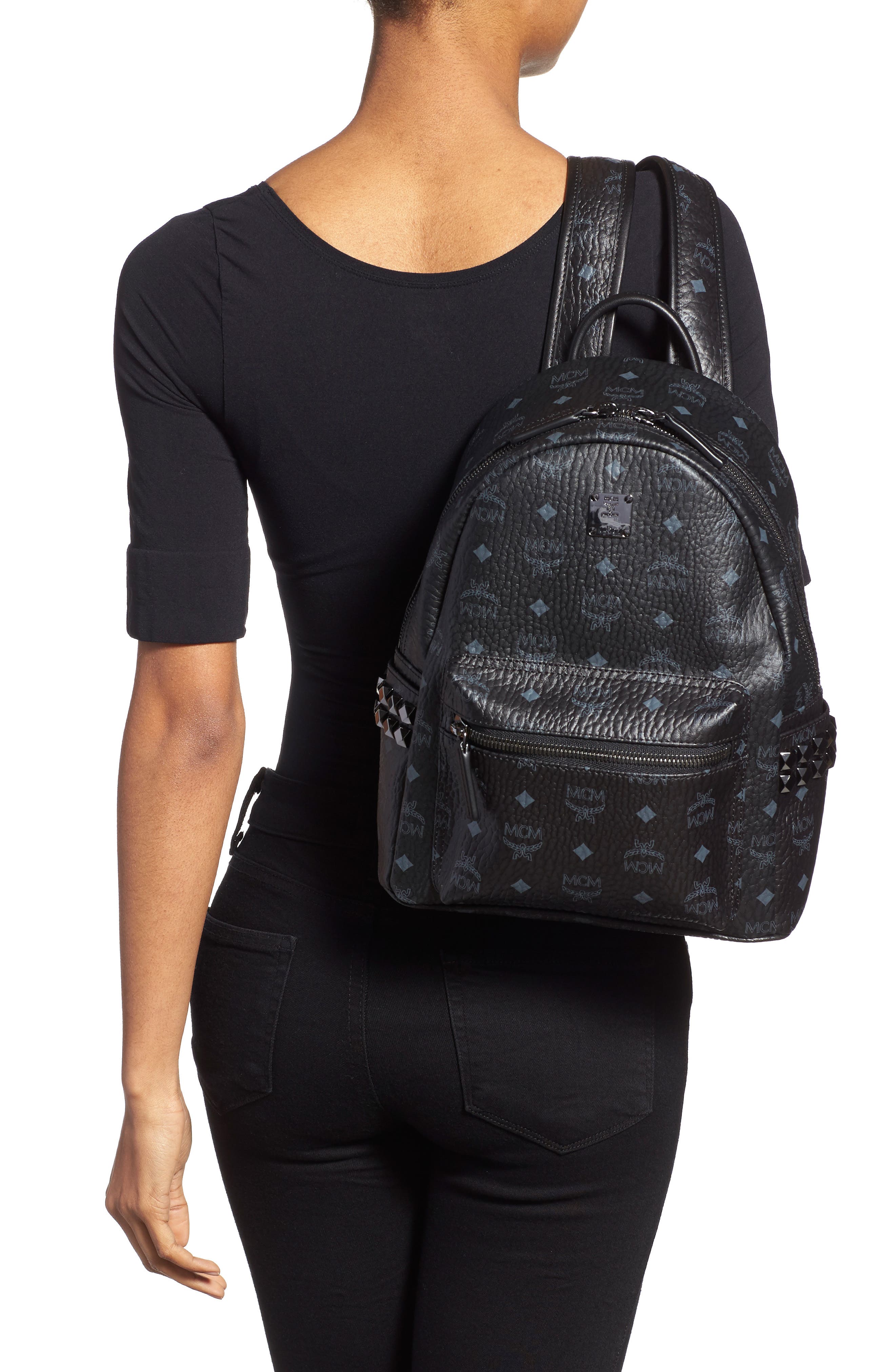 MCM Small Stark Side Stud Coated Canvas Backpack, Alternate, color, 