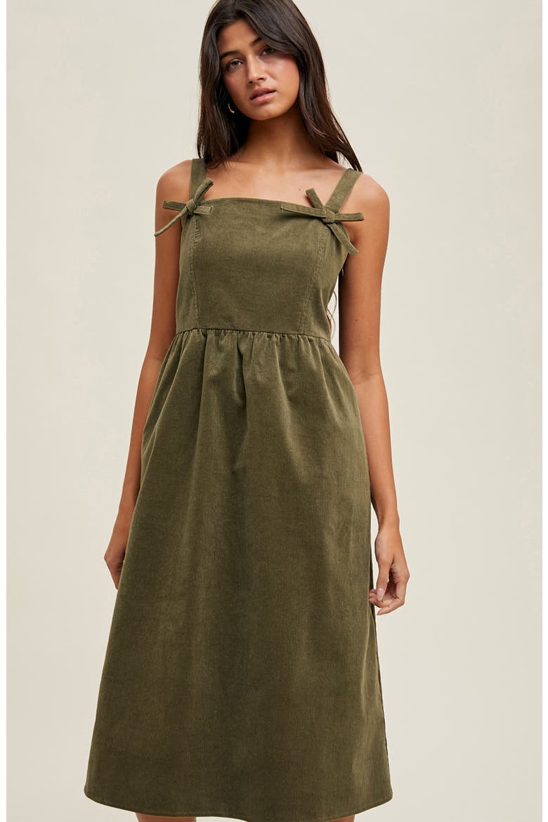 Corduroy Bow Strap Overalls Midi Dress, Alternate, color, OLIVE