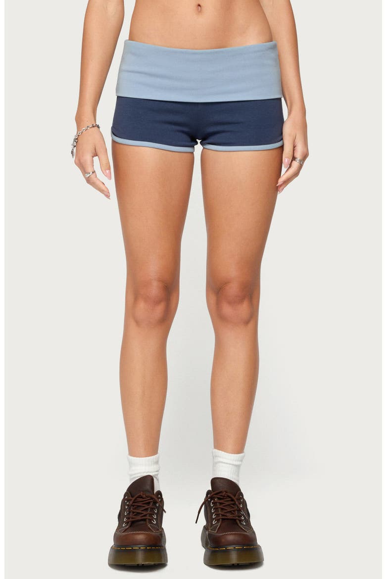 Zeala Contrast Stretch Cotton Blend Foldover Shorts, Main, color, NAVY