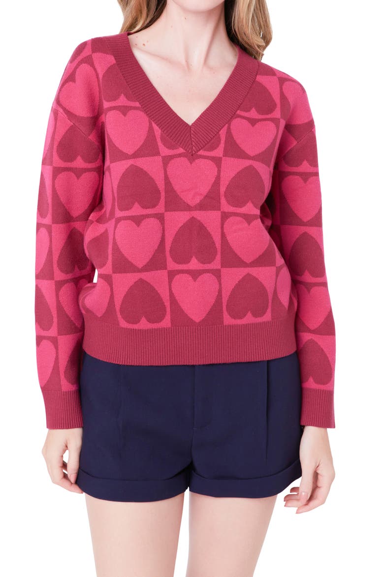 Heart V-Neck Pullover Sweater, Alternate, color, PINK MULTI