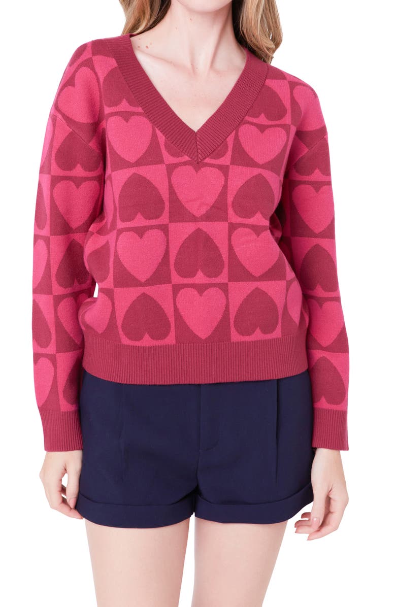 English Factory Heart V-Neck Pullover Sweater, Alternate, color, Pink Multi