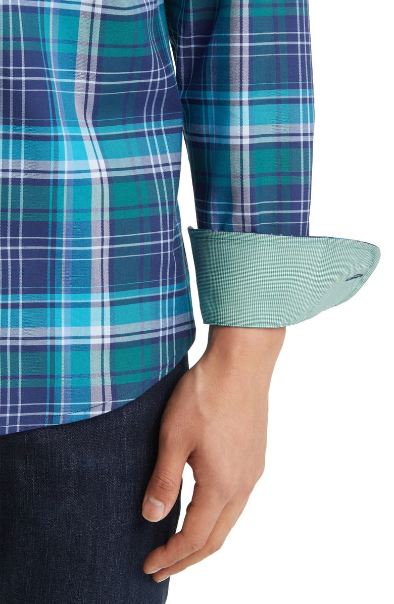 Tommy Bahama Lazlo Check Stretch Cotton & Silk Button-Up Shirt, Alternate, color, Riviera Azure