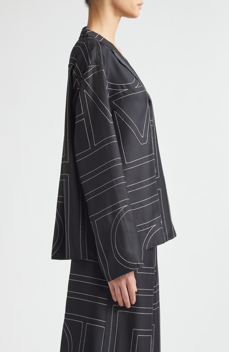 TOTEME Monogram Embroidered Organic Silk Pajama Top, Alternate, color, Black