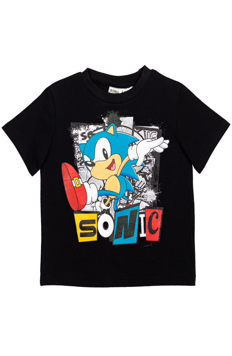 SEGA Allover Print Short Sleeve Graphic T-Shirt and Tricot Short Outfit, Alternate, color, Sonic Black Silver