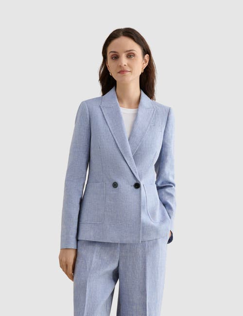 HOBBS LONDON Estella Double Breasted Linen Jacket in Blue White at Nordstrom, Size 10