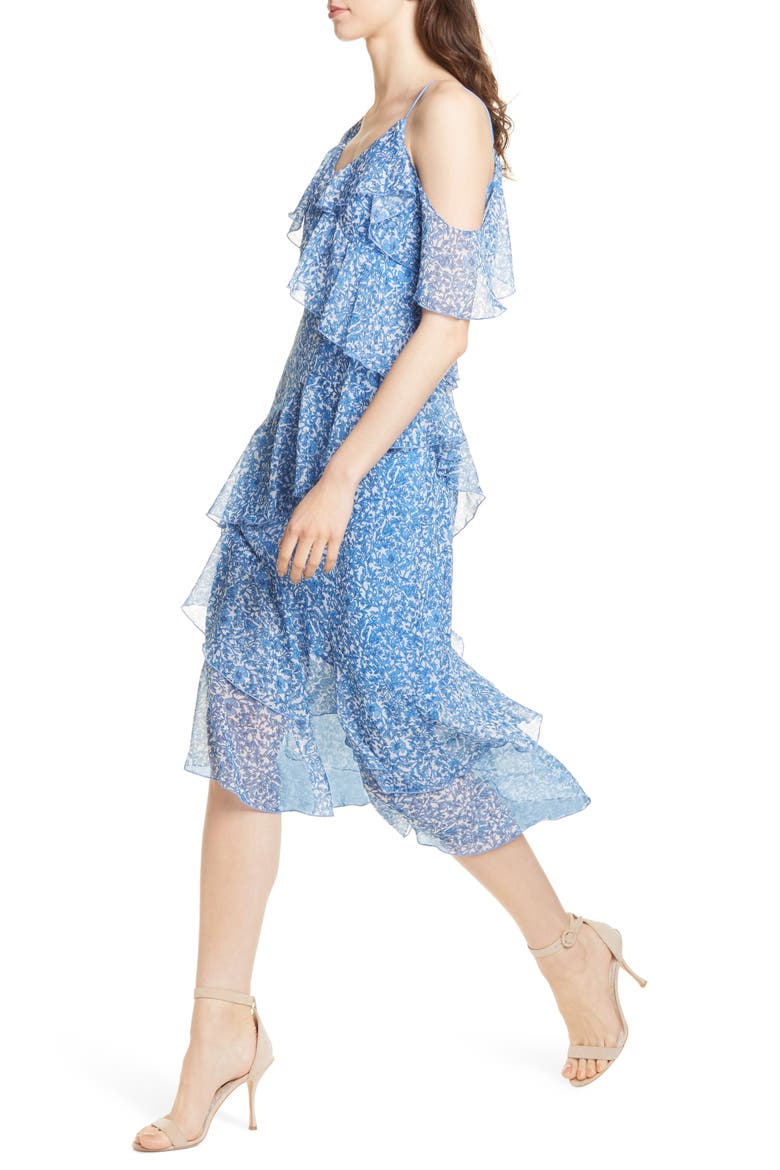Olympia Asymmetrical Ruffle Dress, Alternate, color, HEPATICA WHITE/ CORNFLOWER